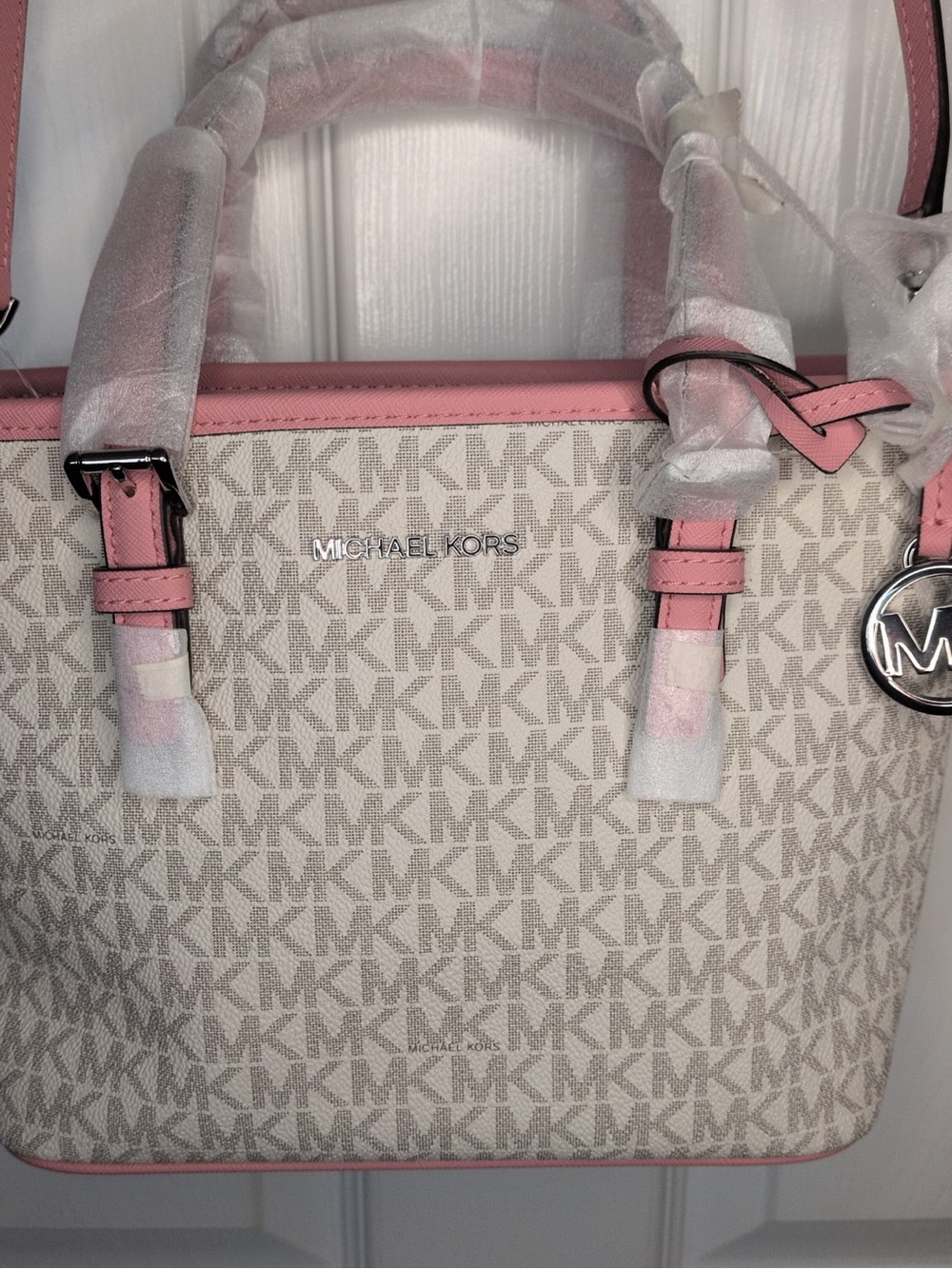 Michael Kors Beige Jet Set Primrose XS Logo Satchel with Pink Trim